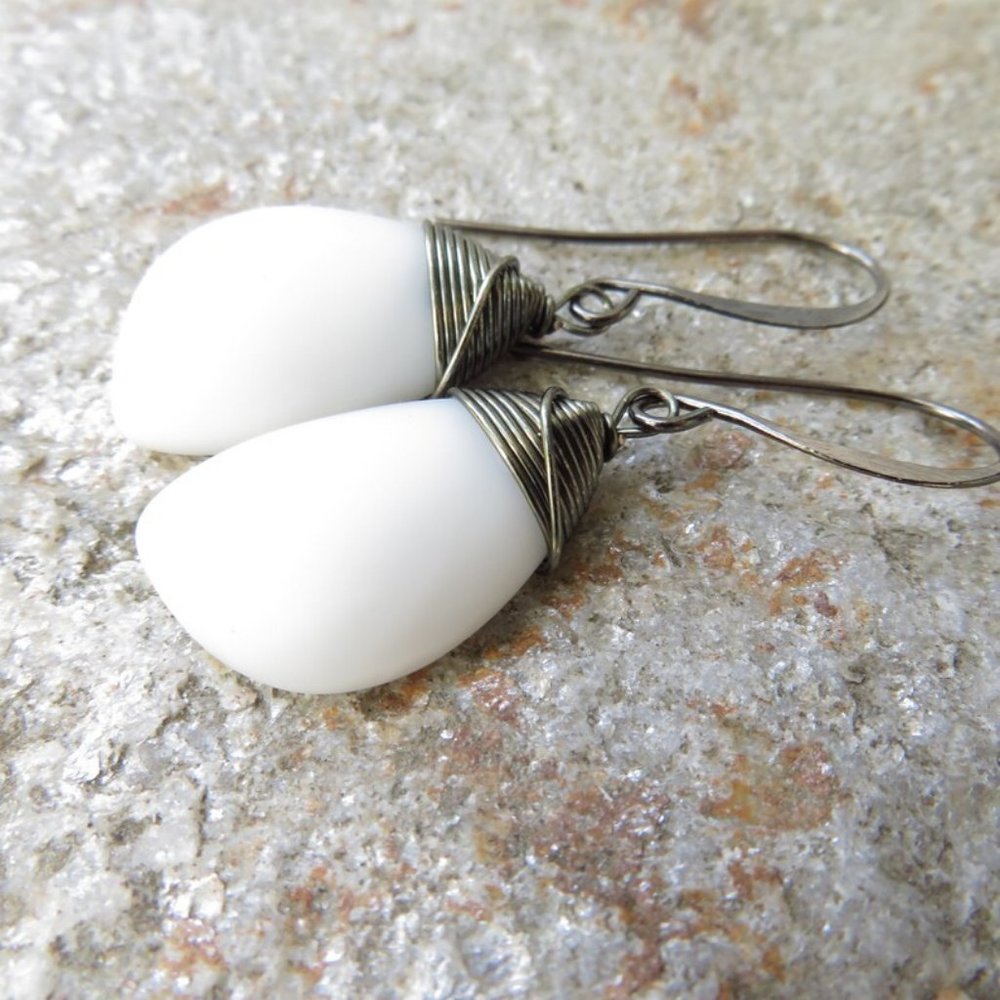 Cobalt Blue sea glass earrings wire wrapped with hematite colored wire